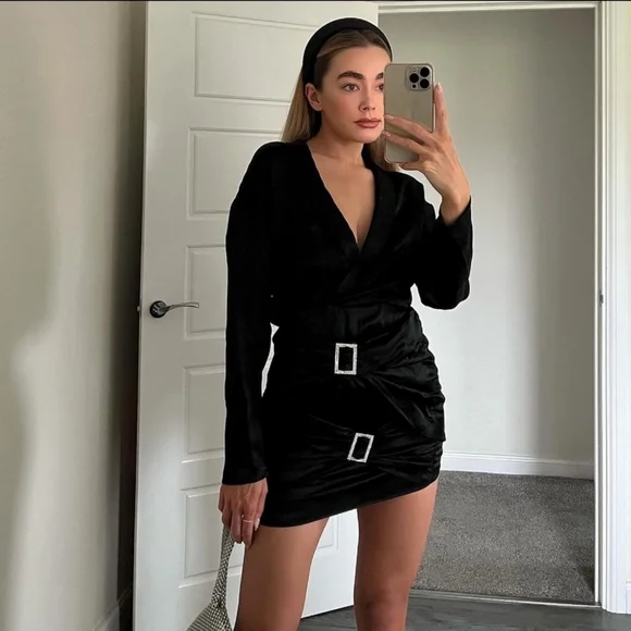 zara black mini dress with rhinestones Black Long Sleeve Button Through Knitted Mini Dress